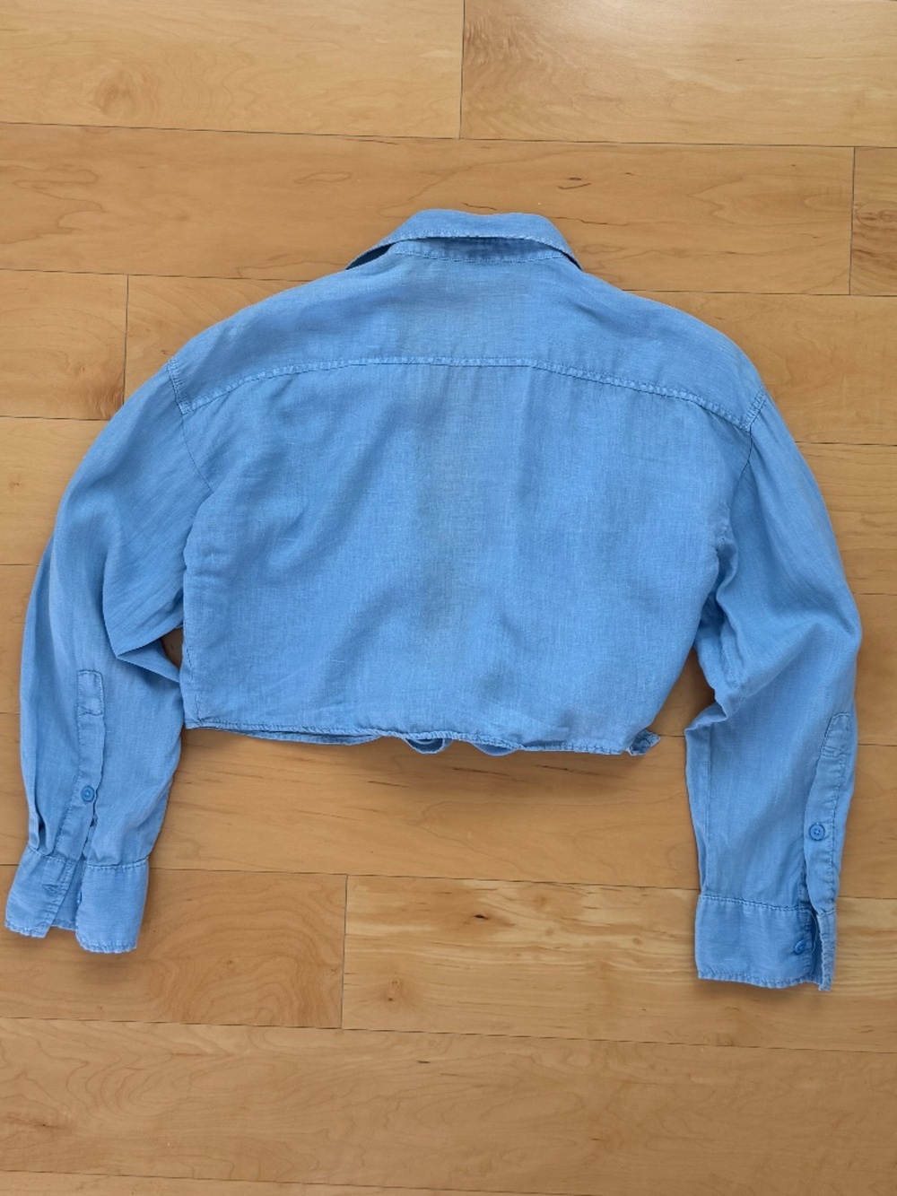 ZARA~100% Linen Light Blue Collared Cropped Top~Front Tie~Long Sleeves~Size XS - Picture 6 of 10